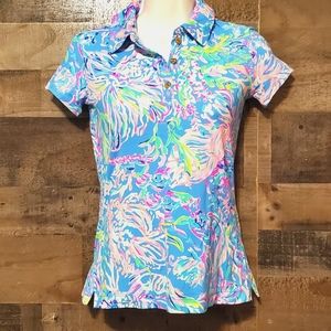 New Lilly Pulitzer UPF 50+ LUXLETIC FRIDA POLO TOP IN MULTI ALL TOGETHER NOW